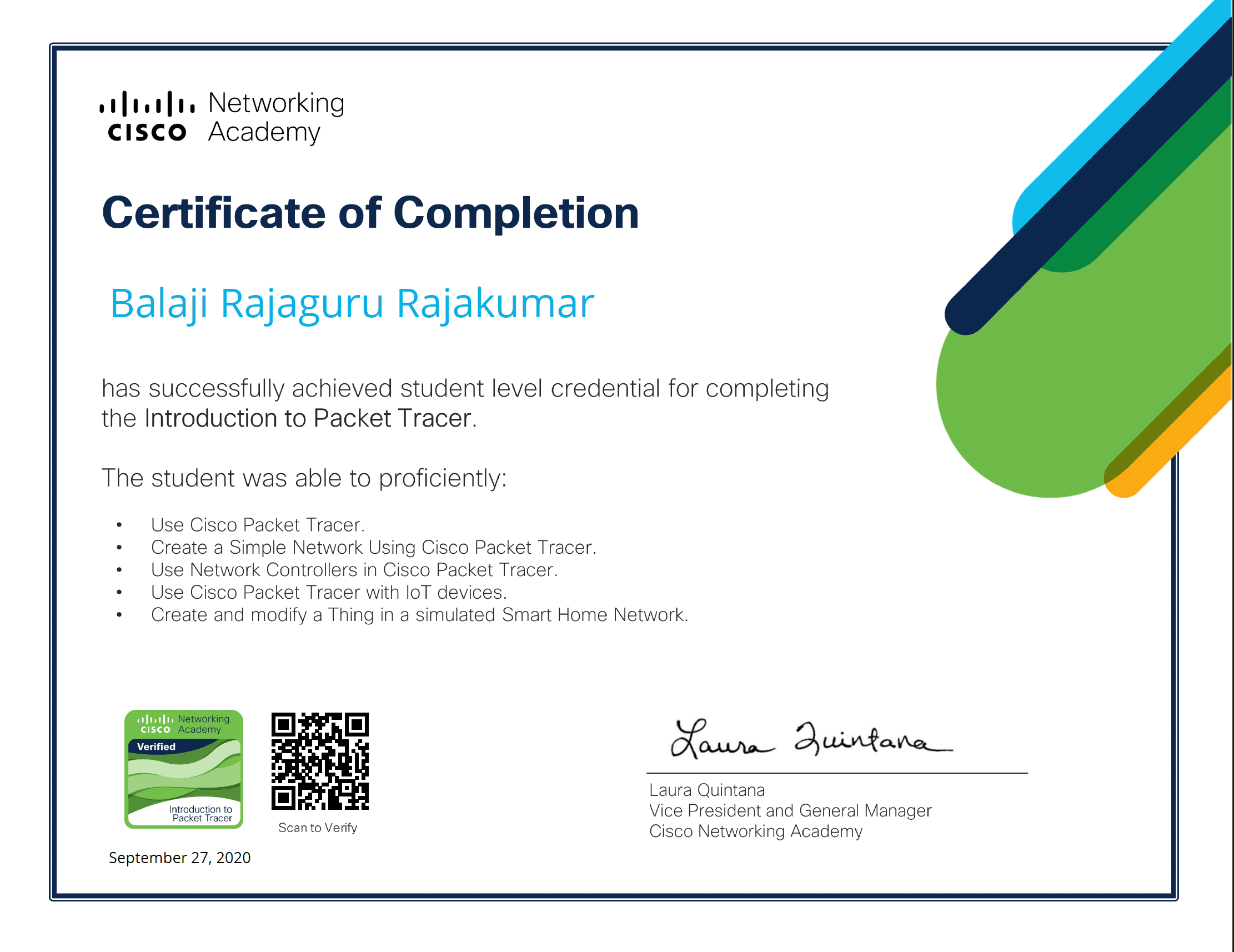 Cisco Packet Tracer certificate